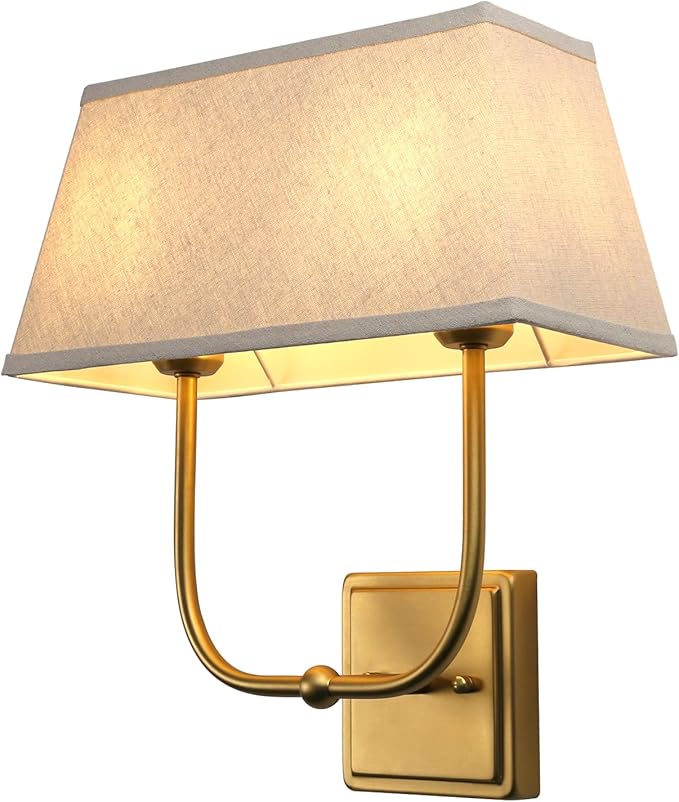 Vintage 2-Lights Wall Sconces with Linen Fabric Lampshade, Double Head Bathroom Vanity Lights Fixture in Antique Brass, Indoor Wall Lamps for Bedroom Living Room Hallway Stairway