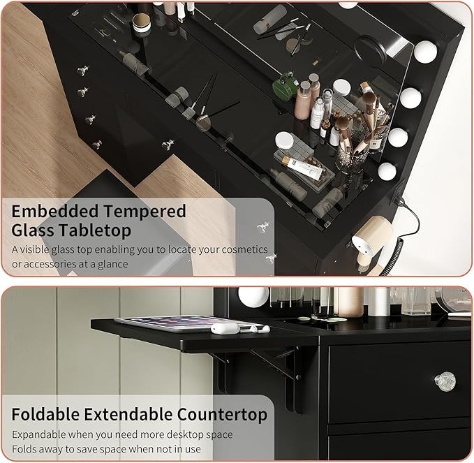 Vanity Desk & Power Outle, Makeup Vanity with Mirror and 12 LED Lights, 9 Drawers Makeup Table with Fold-up Panel, 3 Lighting Modes Brightness Adjustable (Black)