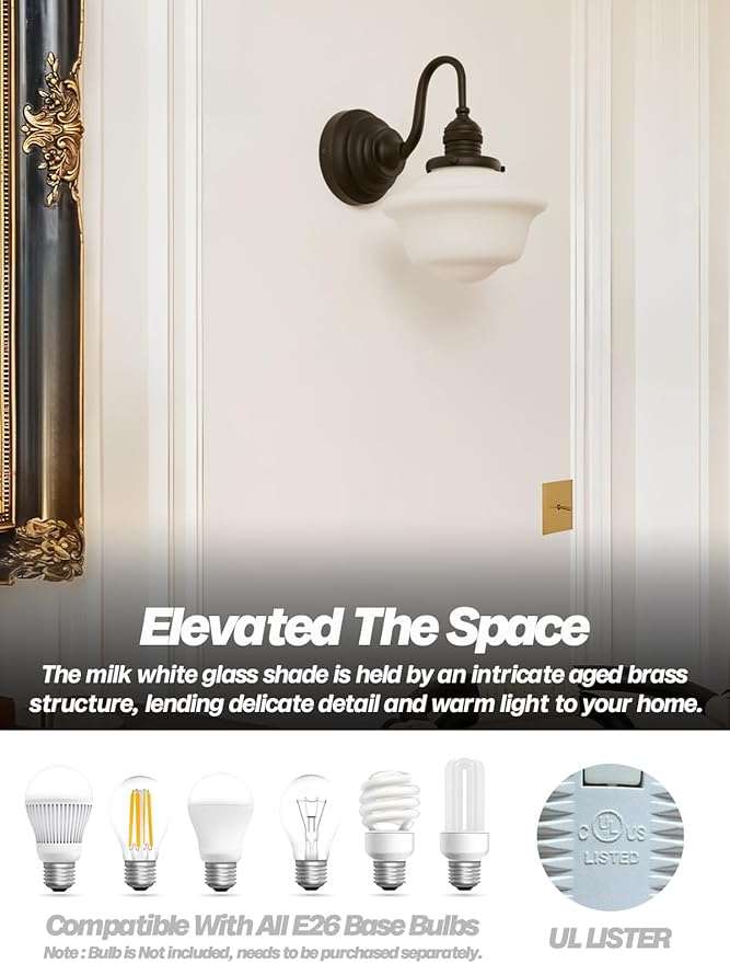 Vintage Wall Sconce Light Hardwire Black Bathroom Vanity Light with Frosted Milk White Gyro Glass Shade Modern Farmhouse Wall Lamp Fixture for Bathroom Mirror Living Room Bedroom Indoor