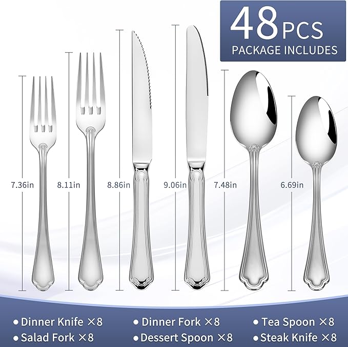 Silverware Set With Steak Knives, 48 Piece Stainless Steel Silverware Set for 8, Stainless Steel 18/10 Flatware, Ideal For Gift