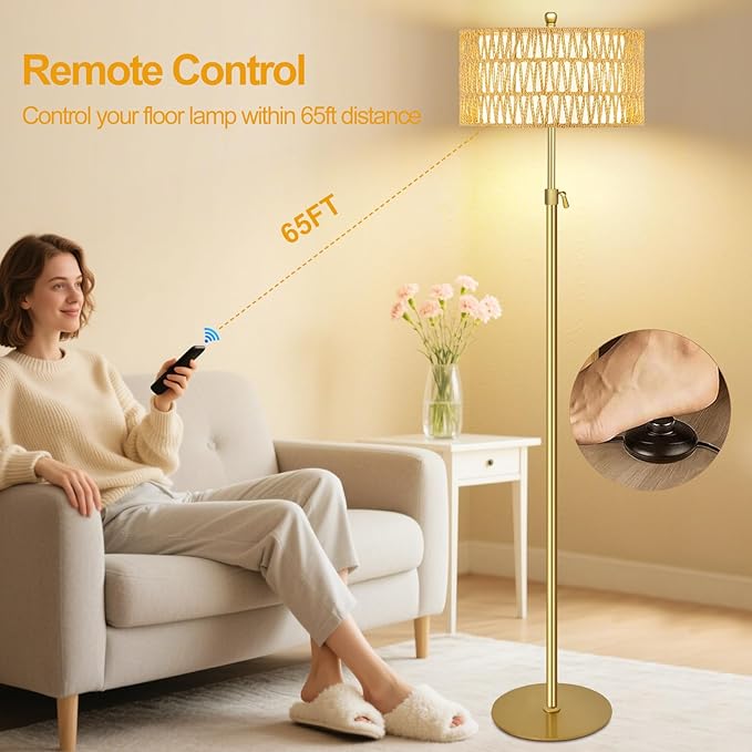 Gold Floor Lamps for Living Room Rattan Boho Floor Lamp with Remote Control,Dimmable Wicker Floor Lamp Modern Standing Lamp with 3 Color Temperature Brass Tall Floor Lamps for Bedroom Corner