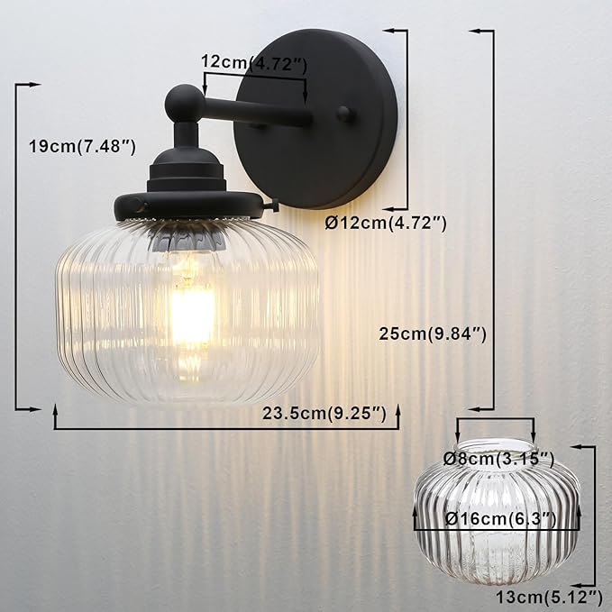 Yosoan 1-Light Indoor Modern Wall Sconce, Vanity Modern Single Vintage Industrial Wall Mount Fixture Lights with Clear Striped Glass Shade Lamp for Bathroom Kitchen Mirror Bedroom Dinning Room(Black)
