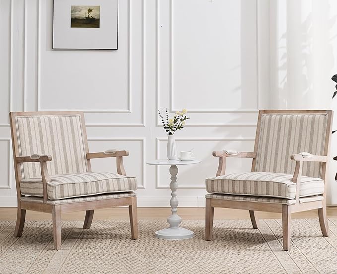 chairus Farmhouse Linen Accent Chair Set of 2, Upholstered Reading Chair with Solid Wood Frame Lounge Arm Chair with High Back for Living Room, Reception Room, Waiting Room, Khaki Stripe