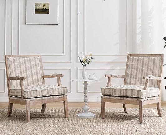 chairus Farmhouse Linen Accent Chair Set of 2, Upholstered Reading Chair with Solid Wood Frame Lounge Arm Chair with High Back for Living Room, Reception Room, Waiting Room, Khaki Stripe