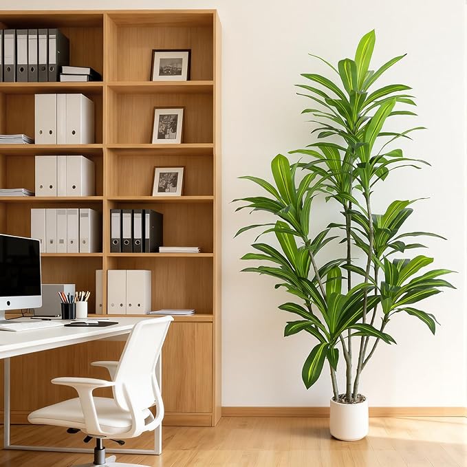 Artificial Dracaena Tree 6FT Tall, Realistic Faux Indoor Floor Plant for Home & Office Decor, White Round Planter with Decorative Stones – UPBUD