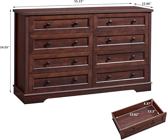 LIDYUK 8 Drawer Cherry Wood Dresser for Bedroom Farmhouse Dresser Chest of Drawers, 55" Wide Clothes Organizer Wood Chest of Drawers for Bedroom, Living Room