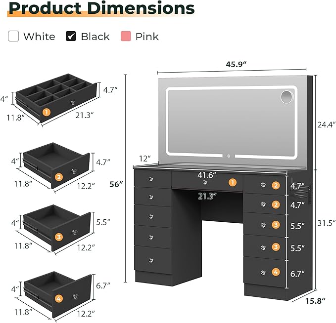 Vanity Mirror with Lights, Black Vanity with Lighted Mirror, 11 Drawers Makeup Vanity Desk with 3 Lighting Modes Adjustable Brightness, Vanity with Glass Top for Bedroom