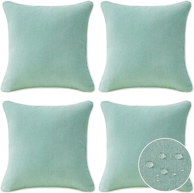 Decorative Outdoor Water Repellent Throw Pillows with Inserts, Set of 4, 18" x18" Pillows for Patio, Backyard, Bed, Couch, and Patio Furniture, Aqua Green