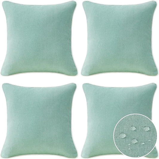 Decorative Outdoor Water Repellent Throw Pillows with Inserts, Set of 4, 16" x16" Pillows for Patio, Backyard, Bed, Couch, and Patio Furniture, Aqua Green