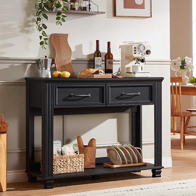 Farmhouse 46" Console Table with 2 Drawers, Rustic Wood 2 Tier Entryway Table with Open Storage Shelf for Entry, Large Mid-Century Vintage Sofa Tables Behind Couch for Living Room, Black