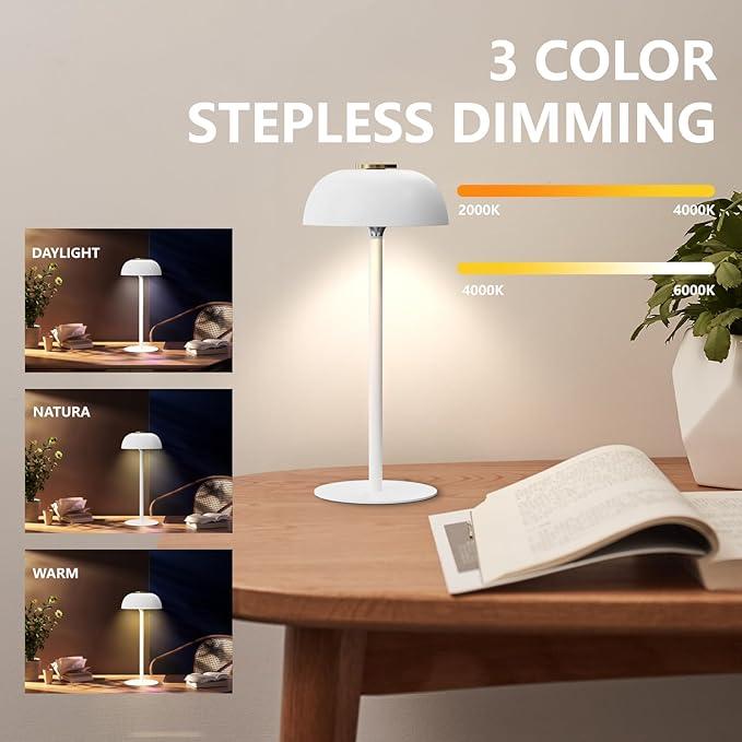 Portable 12-Inch Cordless LED Table Lamp, Rechargeable 3-Color Dimmable Light, Bedside Lamp for Bedroom, Desk, Outdoor, Dining Room, and Camping (White)