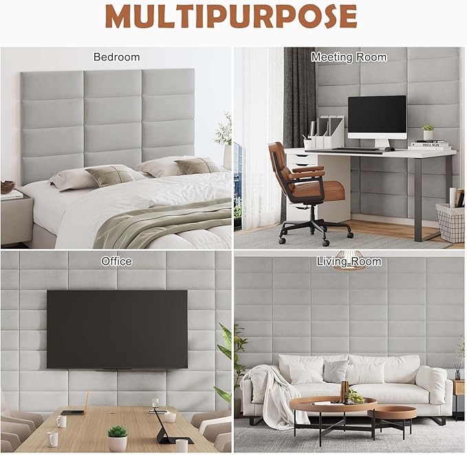 IFNOW Wall Mounted Upholstered Headboard Full, 3D Peel and Stick Soundproof Panels, Reusable and Removable Padded Leather Bed Headboard, 6 Panels 9.84" x 23.62", Light Grey