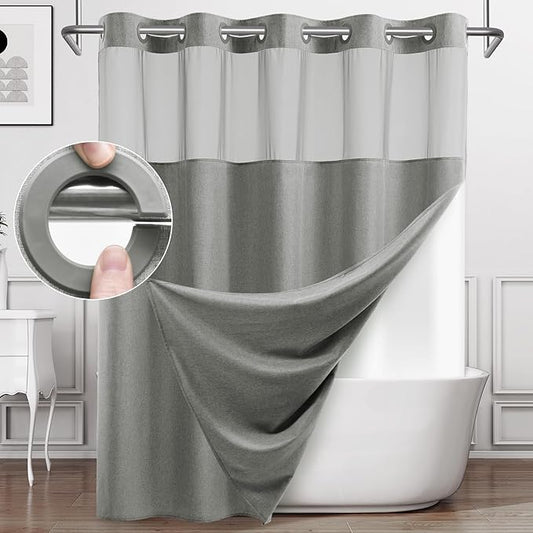 Long No Hook Shower Curtain with Snap in Liner, Polyester Textured Shower Curtain with Liner Set, Waterproof Washable Hotel Style Shower Curtains for Bathroom, 71Wx80H, Grey