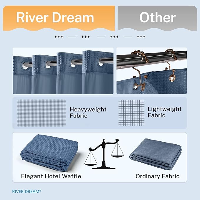 River Dream Blue Shower Curtain No Hooks Required Dotted Waffle Weave Shower Curtain with Snap in Liner - 71W x 74H,Hotel Grade,Spa Like Bath Curtain,Moonlight Blue
