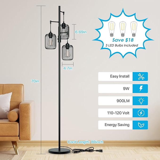 Floor Lamps for Living Room Dimmable Floor Lamp with Cage Shade 70'' Standing Lamps for Living Room Corner Floor Light with 3 LED Bulbs Rustic Floor Lamp for Bedroom Office Industrial Modern