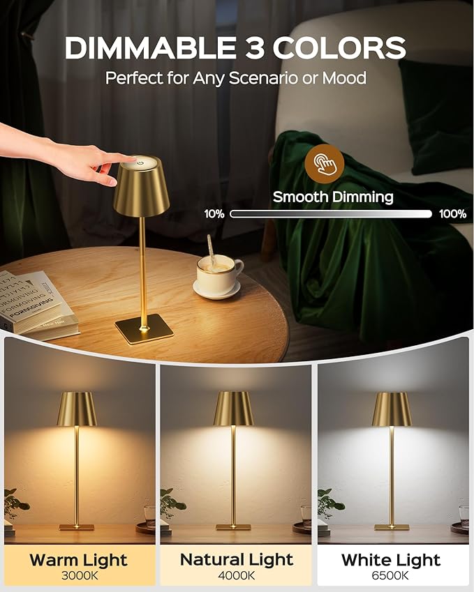 JACKYLED Cordless Lamp DIY Height, 3 Color Stepless Dimming, 5000mAh Battery Operated Lamp Portable Rechargeable for Bedroom Dinning Kitchen, Gold, 1 Pack