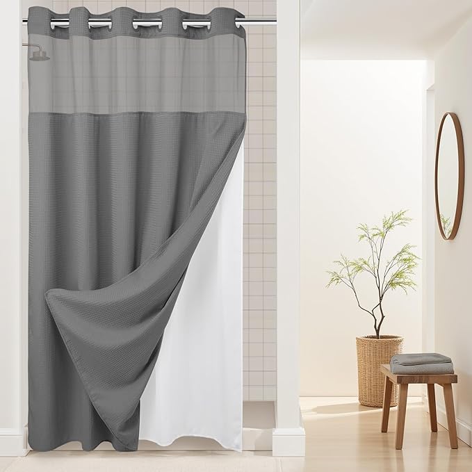 River Dream Heavyweight No Hooks Required Dotted Waffle Weave Shower Curtain with Snap in Liner -Stall 54W x 80H,Hotel Grade,Spa Like Bath Curtain,Gray