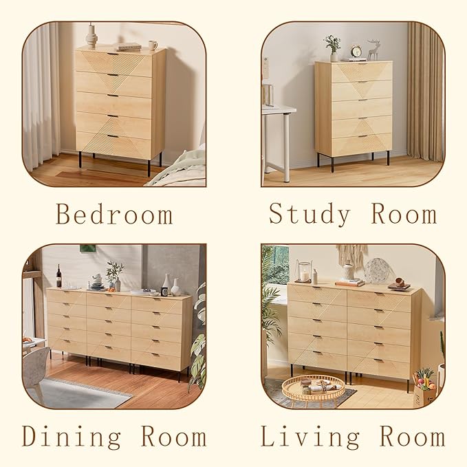 5 Drawer Dresser for Bedroom Set of 2, Fluted Tall Dresser for Closet, Wooden Chest of Drawers for Living Room, Hallway (2, Natural Oak)