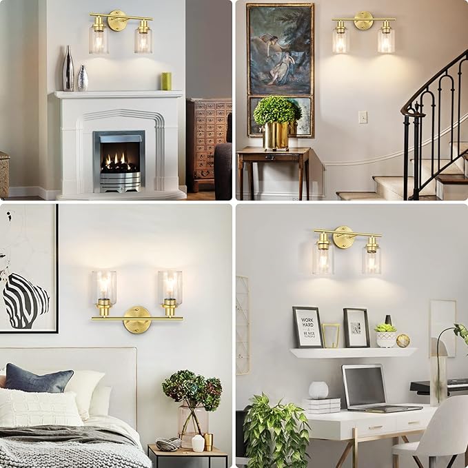 FOLKSMATE Bathroom Light Fixtures, 2-Light Brushed Brass Vanity Light, Gold Wall Sconces Lighting, Modern Bath Wall Mounted Lighting with Glass Shade, Porch Lamp for Mirror, Bedroom, Hallway