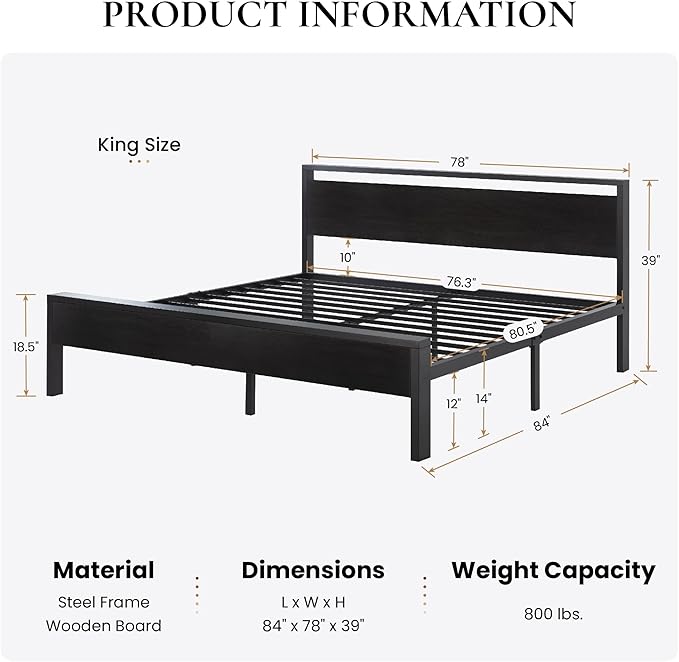 SHA CERLIN 14 Inch King Size Metal Platform Bed Frame with Wooden Headboard and Footboard, Mattress Foundation, No Box Spring Needed, Large Under Bed Storage, Black Oak