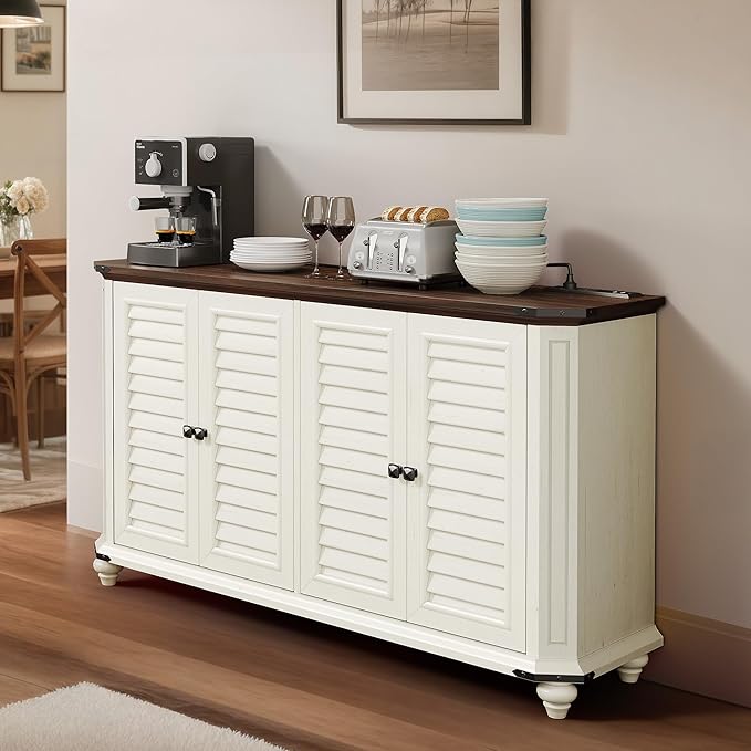 DWVO Farmhouse TV Stand for 60 Inch Television, 30.7" Tall Entertainment Center w/Adjustable Shelves, Wood 4 Shutter-Doors Buffet Sideboard Cabinet, Rustic Media Console Cabinet for Living Room, White