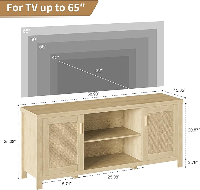 Rattan TV Stand for TVs up to 65'',Boho Entertainment Center with Adjustable Shelves, Mid Century Modern Media TV Console Cabinet with Rattan Doors for Living Roon Bedroom Natural LTV91Y