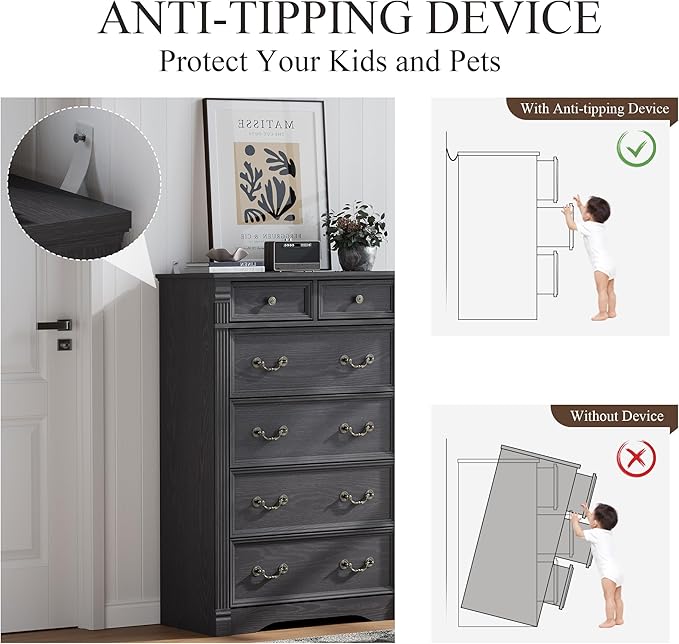 Grey 6 Drawer Dresser for Bedroom, 47" Tall Dresser, Wood Rustic Chest of Drawers with Chic Wood Pilasters, Dressers Organizer for Bedroom, Hallway, Living Room