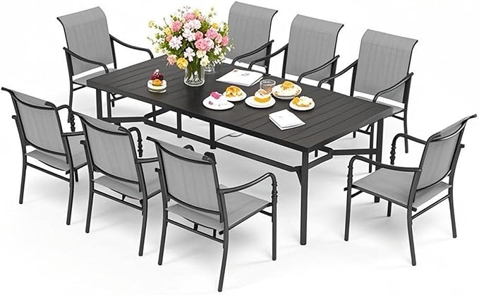 Patio Table and Chairs Set of 8, All-Weather Breathable Textilene Patio Chair with Gourd-Shaped Armrests, 83x39 Rectangle Table with Umbrella Hole, 9 Pcs Metal Frame Patio Dining Set