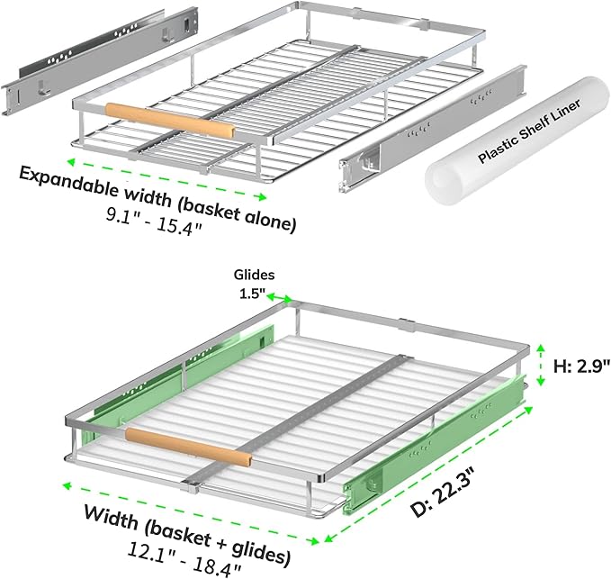 Expandable Pull Out Drawer Cabinet Organizers, Heavy Duty Slide Out Storage Shelf for Home Kitchen Pantry Cupboard Pots Pans, Adjustable Width from 12.1"~18.4", Stainless Steel 2 Pack
