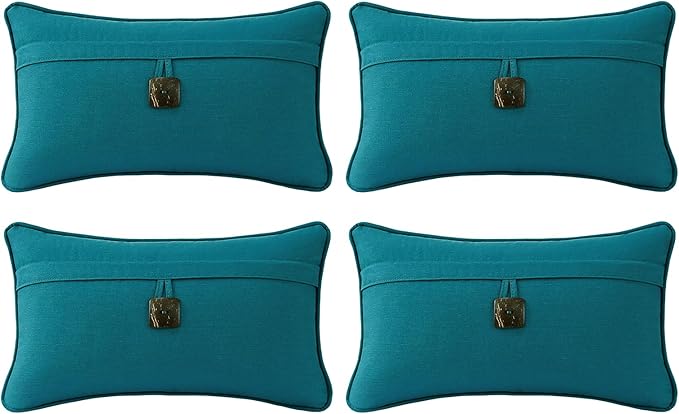 Outdoor Sunbrella Decorative Pillows with Coconut Button Pack of 4, 20" x 12" Outdoor Pillow Set for Couch Bed Throw Patio Sofa, Spectrum Peacock