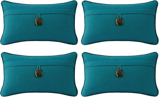 Outdoor Sunbrella Decorative Pillows with Coconut Button Pack of 4, 20" x 12" Outdoor Pillow Set for Couch Bed Throw Patio Sofa, Spectrum Peacock