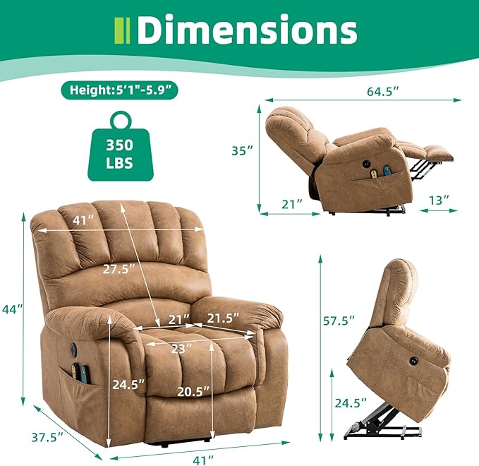 VIVIJASON Large Power Lift Chair Electric Recliner with Heat & Massage for Elderly Big People, Heavy Duty and Safety Motion Wide Recliners with 2 Remote Controls, Side Pockets & USB Ports, Sand