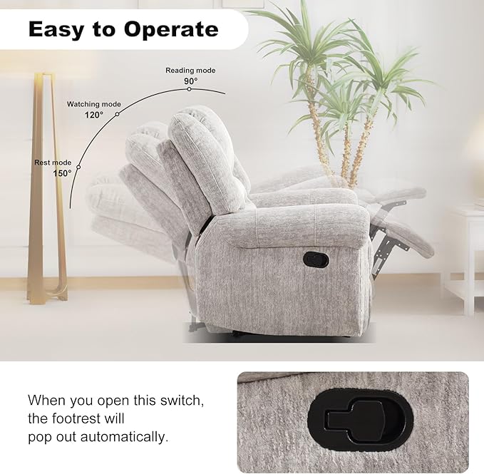 INZOY Recliner Chair, Heavy Duty Manual Reclining Sofa Single Lounge Sofa for Living Room, Home Theater Seating, White