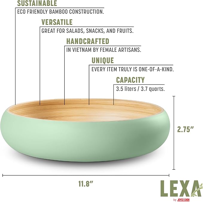 LEXA Bamboo Fruit Bowl for Kitchen Counter, 12 Inch Large & Round, Artisan Lacquered Wooden Fruit Bowl or Candy Bowl, Handcrafted Bamboo Fruit Basket for Kitchen & Home Decor (Sage Green)