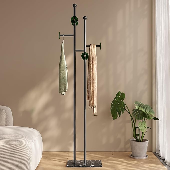 Standing Coat Rack with Marble Base & Round Acrylic Hooks Heavy Duty Clothes Hanger Rack Metal Coat Tree freestanding Hat Rack Stand for Clothes Hats Scarfs Purses