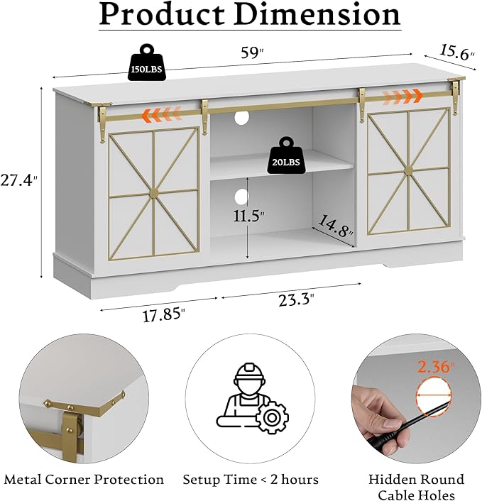 Farmhouse TV Stand for 55 60 65 Inch TV, Mid Century Modern TV Cabinet with Storage and Sliding Barn Doors, Easy Assembly, Entertainment Center Console Table for Bedroom Living Room-White