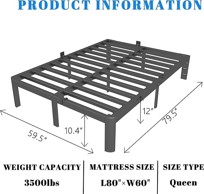 12 Inch Queen Bed Frame with Metal Gaskets, Black Bed Frame Queen Size No Box Spring Need, Heavy Duty Steel Platform Support to 3500LBS, Round Corner Design, Reserved Holes, Noiseless