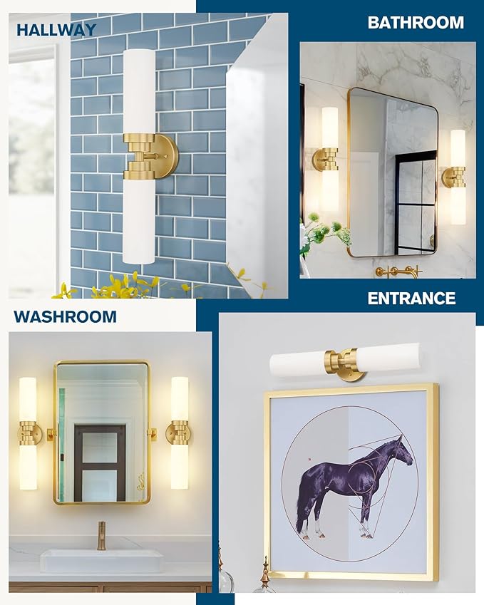 Emak Gold Vanity Lights for Mirror, 2-Light Bathroom Light Fixtures Over Mirror, Modern 21.69 Inch Wall Sconces with Milk Glass Shade for Bathroom, Bedroom, Hallway, VL085-GD-ML-2