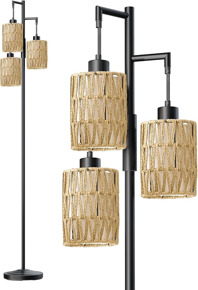 Oneach 70" Floor Lamps for Living Room, Stepless Dimmable Boho Floor Lamp with 3 Bulbs, Tall Farmhouse Industrial Corner Standing Tree Lamp for Bedroom, Office, Study Room, Rattan with Linen Shade