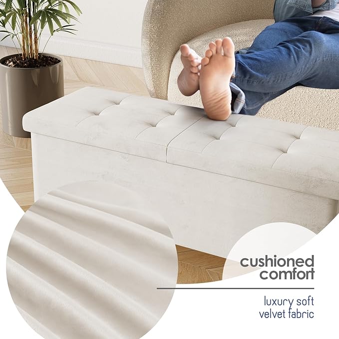 STORAGEBUD Storage Ottoman Bench with Bins, 43-in Storage Bench for Bedroom End of Bed, Folding Foot Rest Ottoman for Living Room Max 660lbs, Velvet Ottomans, Cream