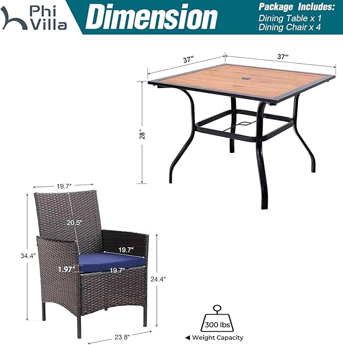 PHI VILLA 5 Pieces Outdoor Dining Set for 4, Wood Top Metal Dining Table & Rattan Wicker Chairs with Cushions, Modern Furniture Dining Set for Patio, Deck, Backyard, Porch