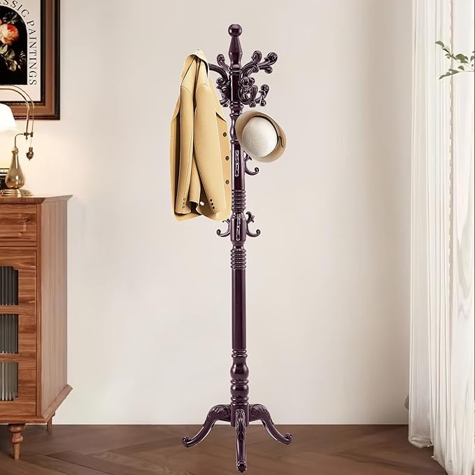 Wooden Coat Rack Stand, Vintage Solid Wood Coat Rack Freestanding with Triangle Base, Heavy Duty Coat Racks with 14 Hooks, Wood Coat Tree Hanger Stand for Entryway,Office