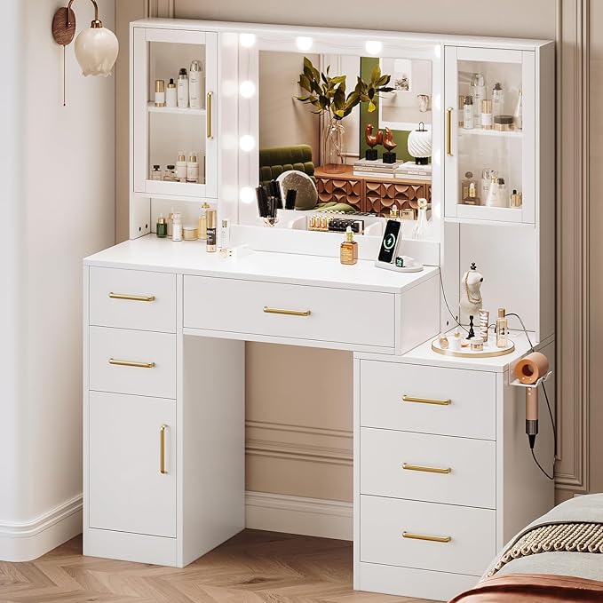 51" Vanity Desk with Mirror and Lights & Charging Station, Bedroom Dressing Table, Large Vanity Set, 6 Drawers and 2 Cabinets, Makeup Vanity Table with Charging Station, Without Stool