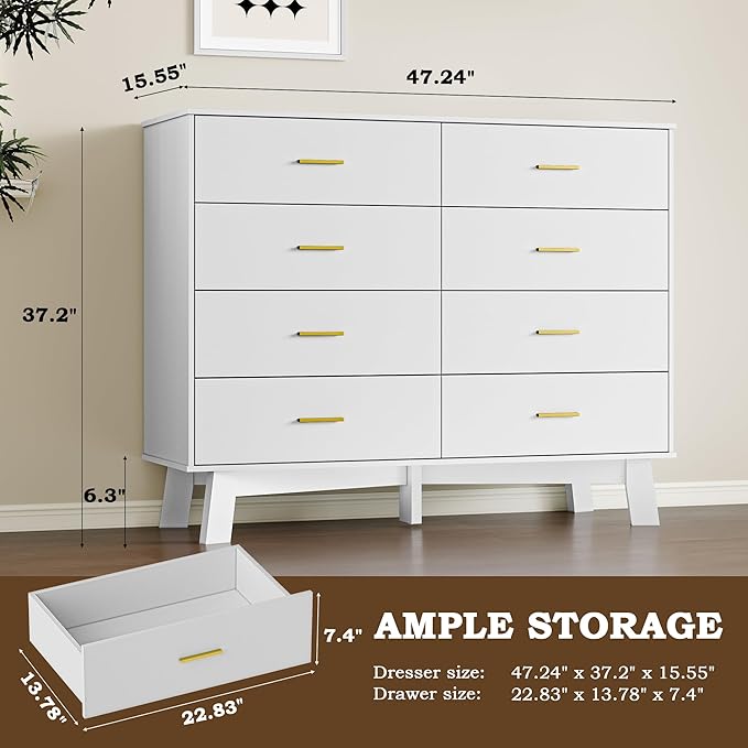 Dresser for Bedroom with 8-Drawer, 37" Tall Modern Chest of Drawers with Metal Handles, X-Shape Base & Adjustable Center Leg, Anti-Tip Closet Organizers and Storage
