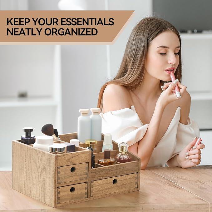 KIRIGEN Wood Makeup Organizer Storage Cabinet Tabletop Cosmetic Organizer Jewelry Storage Box 8 Compartment Makeup Display Case with 3 Drawers Brown(HZG-DBR)