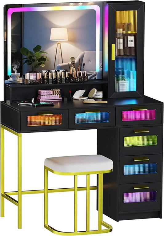 LED Make Up Vanity Desk with 20" Mirror and Light, Smart Dressing Table with 6 Drawers, 3 Shelves, 24 Color Lighting Modes, Cushioned Stool, USB Type-C Storage for Bedroom Dressing Room Black