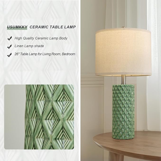 26" Tall Table Lamp for Living Room -Green Lamps Set of 2 Modern Ceramic Lamps for Night Stands, Bedside Lamp for End Tables, Nightstand Lamps for Bedroom