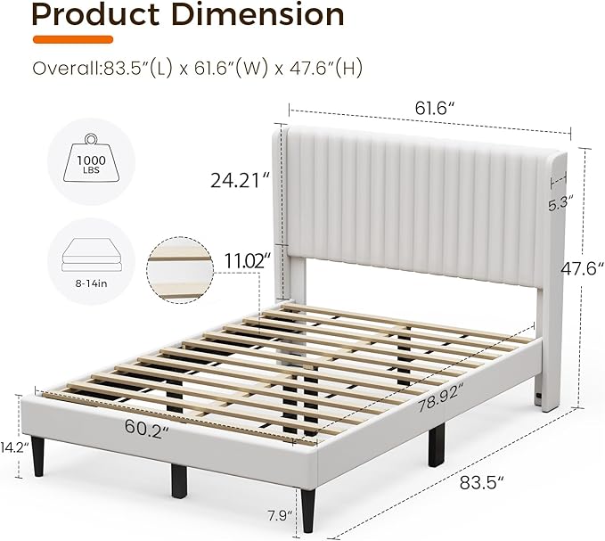 Casaottima Queen Bed Frame Upholstered Platform Bed with Wingback Headboard, Wooden Slats Support, Noise-Free Mattress Foundation, No Box Spring Needed, Easy Assembly, Vertical Stripe Cream White