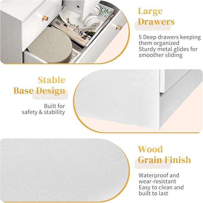 Karl home White 5 Drawer Dresser for Bedroom, Tall Dresser Chest of Drawers, Rustic Wood Bedroom Dressers Clothes Organizer, Anti-Tipping Device, Rose Gold Metal Handle, Living Room, Entryway, Office