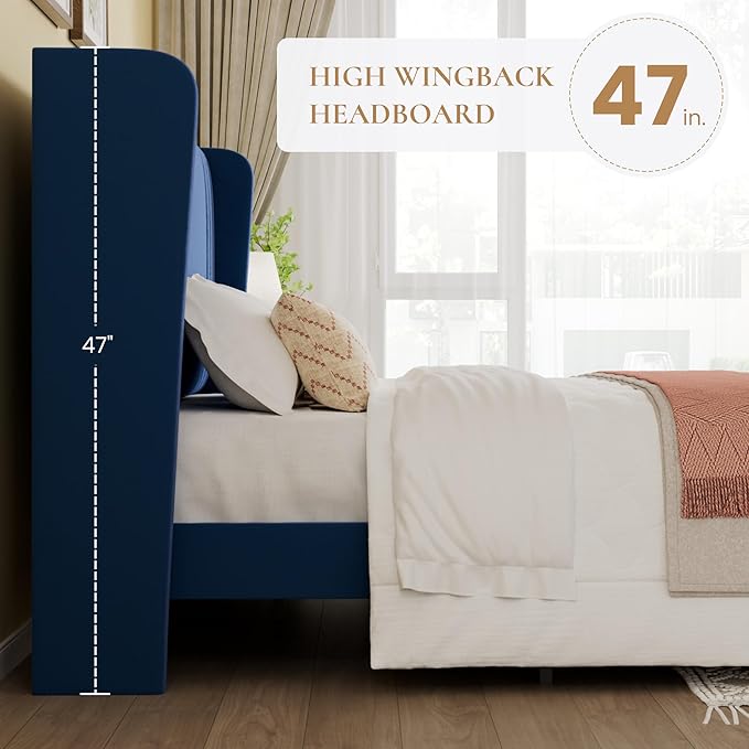 SHA CERLIN Queen Size Velvet Upholstered Platform Bed Frame with Vertical Channel Tufted Wingback Headboard, Wooden Slats Support, Easy Assembly, Under Bed Storage, No Box Spring Required, Blue